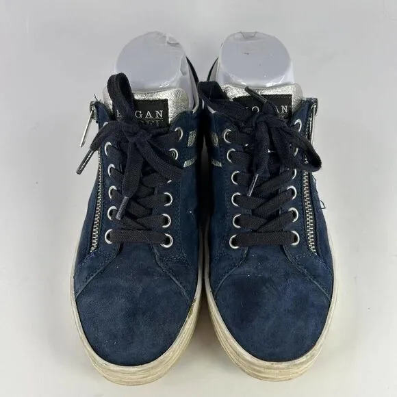 HOGAN Rebel Women's fine suede sneaker US 6 Navy Blue Side Zip Lace-Up Shoes