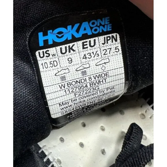 Hoka One One Bondi 8 Running Shoes Womens Sz 10.5 Wide Black White 1127954 BWHT