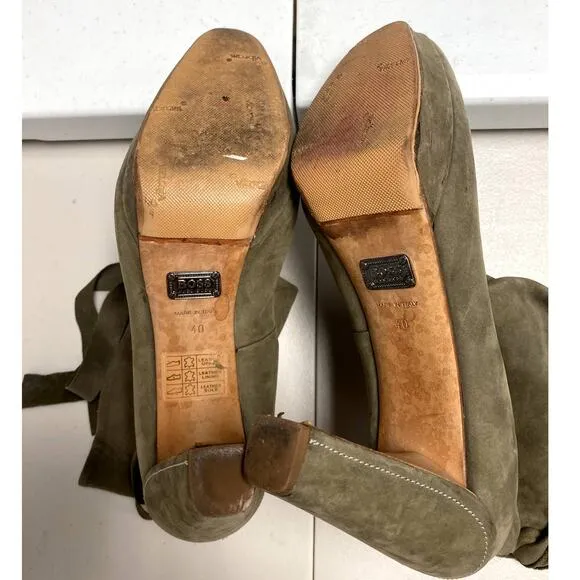 HUGO BOSS Olive Green Nubuck Suede Wrap Around Ankle Boots Blocked Heel Size 40