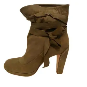 HUGO BOSS Olive Green Nubuck Suede Wrap Around Ankle Boots Blocked Heel Size 40