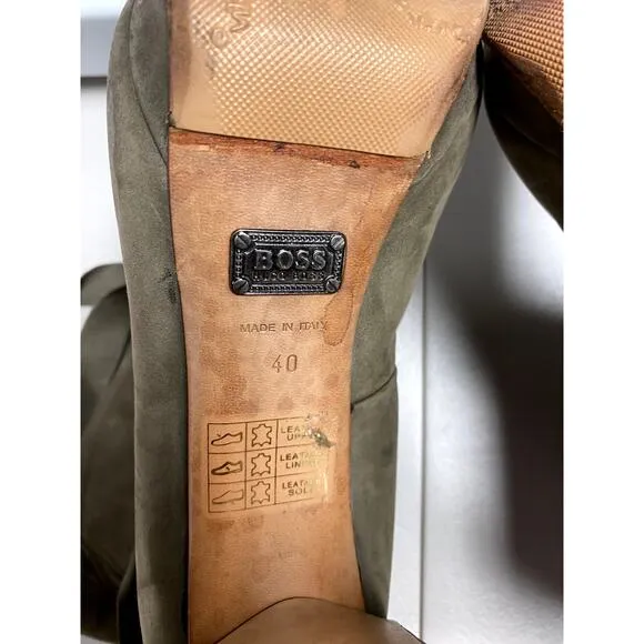 HUGO BOSS Olive Green Nubuck Suede Wrap Around Ankle Boots Blocked Heel Size 40