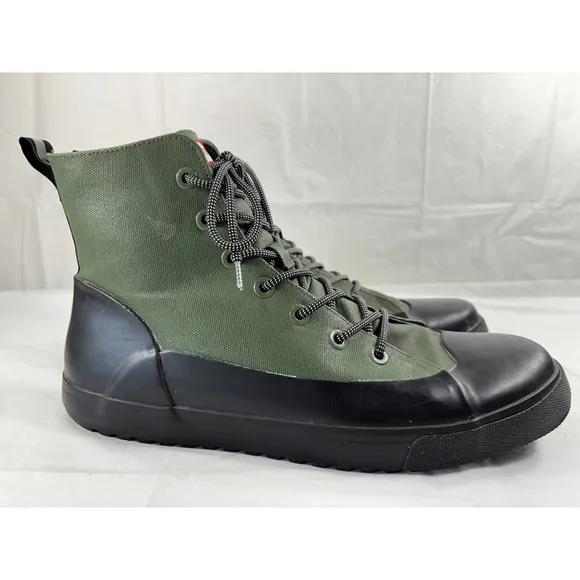 Hunter Boots Green Canvas Black Rubber Mens size 12