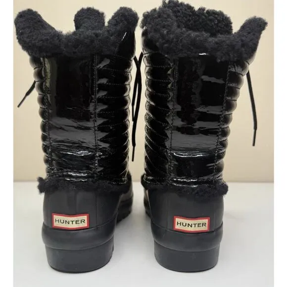 Hunter Original Shearling Boots Womens 8 Black Patent Leather Rubber Lace Up