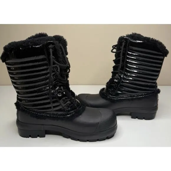 Hunter Original Shearling Boots Womens 8 Black Patent Leather Rubber Lace Up