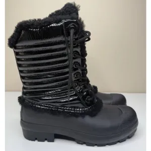 Hunter Original Shearling Boots Womens 8 Black Patent Leather Rubber Lace Up