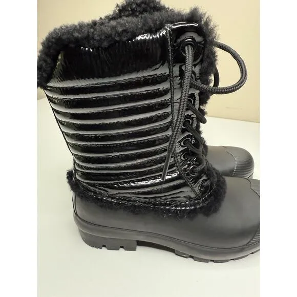Hunter Original Shearling Boots Womens 8 Black Patent Leather Rubber Lace Up