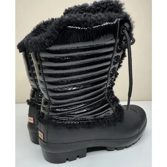 Hunter Original Shearling Boots Womens 8 Black Patent Leather Rubber Lace Up