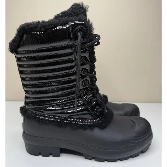 Hunter Original Shearling Boots Womens 8 Black Patent Leather Rubber Lace Up