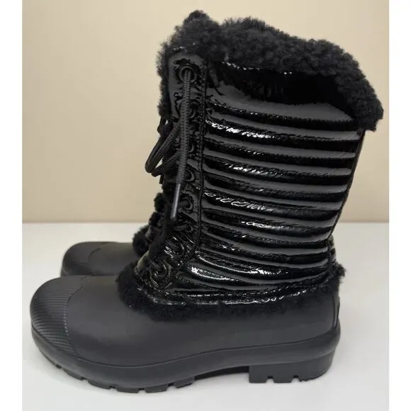 Hunter Original Shearling Boots Womens 8 Black Patent Leather Rubber Lace Up