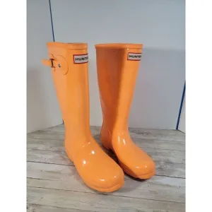 Hunter Youth Kids 4/5 Original Gloss‎ Bright Orange Rubber Wellies Rain Boots