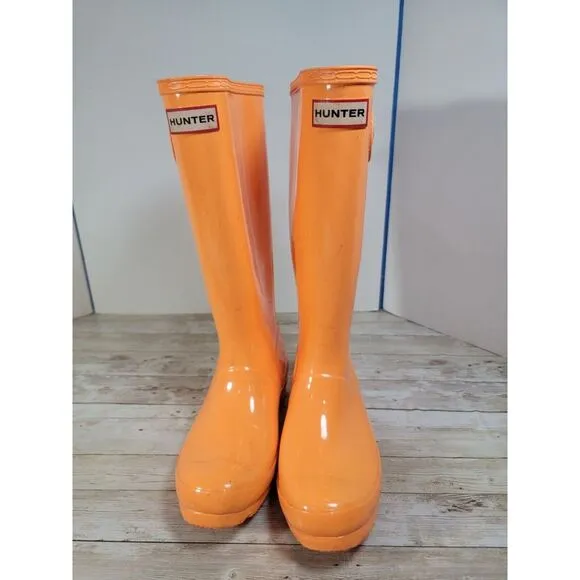 Hunter Youth Kids 4/5 Original Gloss Bright Orange Rubber Wellies Rain‎ Boots
