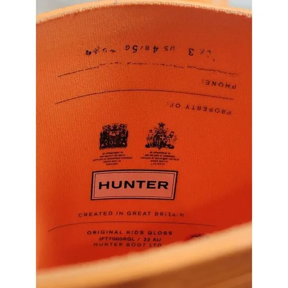 Hunter Youth Kids 4/5 Original Gloss Bright Orange Rubber Wellies Rain‎ Boots