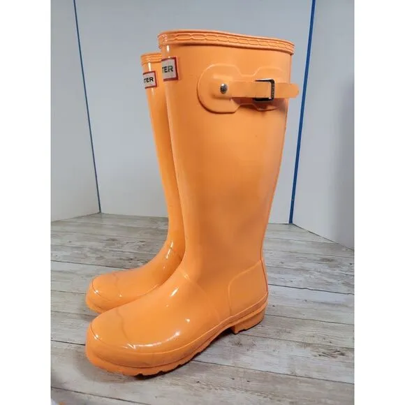 Hunter Youth Kids 4/5 Original Gloss Bright Orange Rubber Wellies Rain‎ Boots