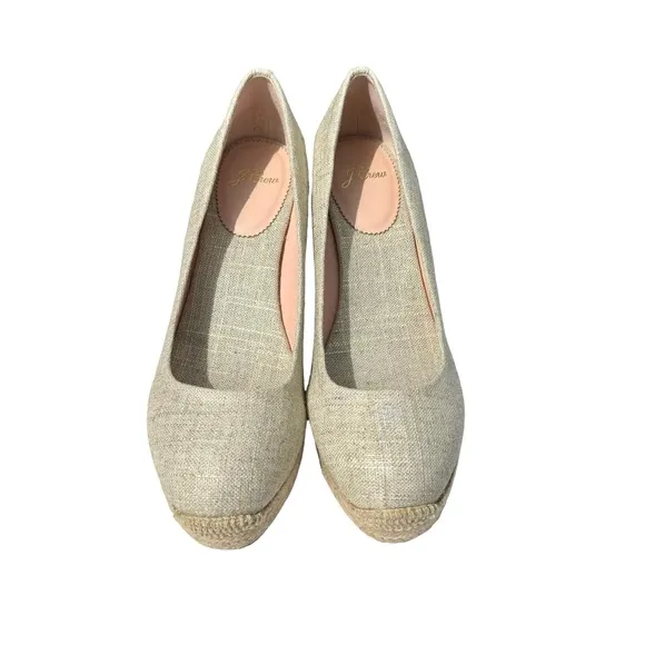 J. Crew Seville Metallic Gold Canvas Wedge Leather Espadrille Shoes Women’s