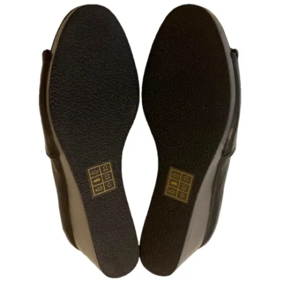 Jack Rogers Palmer Black Leather Stacked Wedge Sandals Whipstitch Trim Sz 10 NEW