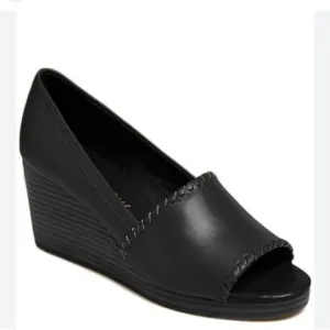 Jack Rogers Palmer Black Leather Stacked Wedge Sandals Whipstitch Trim Sz 10 NEW