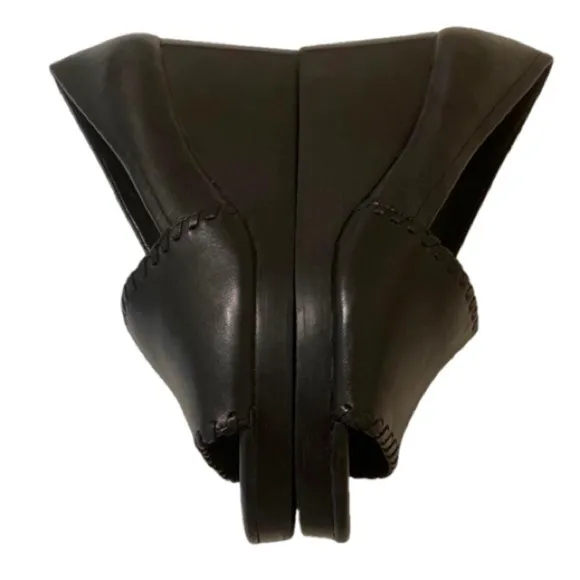 Jack Rogers Palmer Black Leather Stacked Wedge Sandals Whipstitch Trim Sz 10 NEW