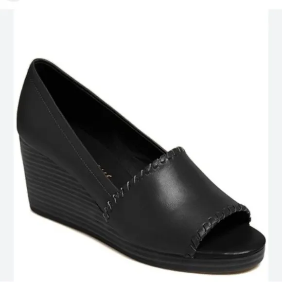 Jack Rogers Palmer Black Leather Stacked Wedge Sandals Whipstitch Trim Sz 10 NEW