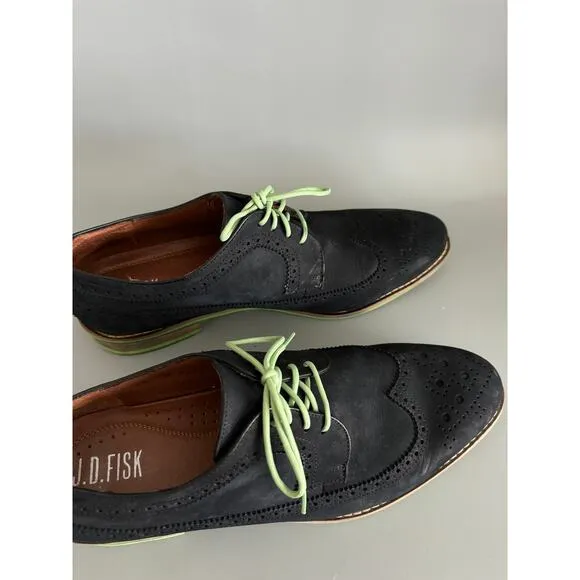 JD Fisk Dario Oxford Dress Shoes Black Suede Green Accents Size 12