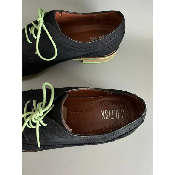 JD Fisk Dario Oxford Dress Shoes Black Suede Green Accents Size 12
