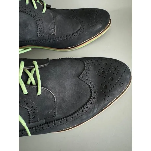JD Fisk Dario Oxford Dress Shoes Black Suede Green Accents Size 12