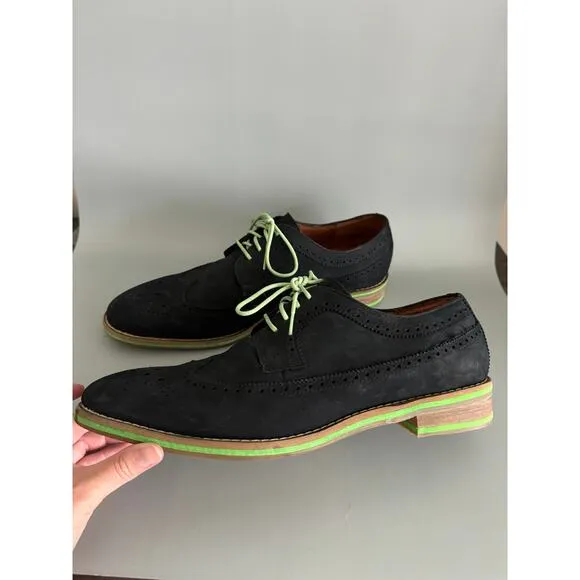 JD Fisk Dario Oxford Dress Shoes Black Suede Green Accents Size 12