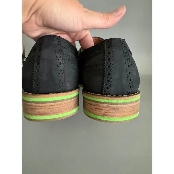 JD Fisk Dario Oxford Dress Shoes Black Suede Green Accents Size 12