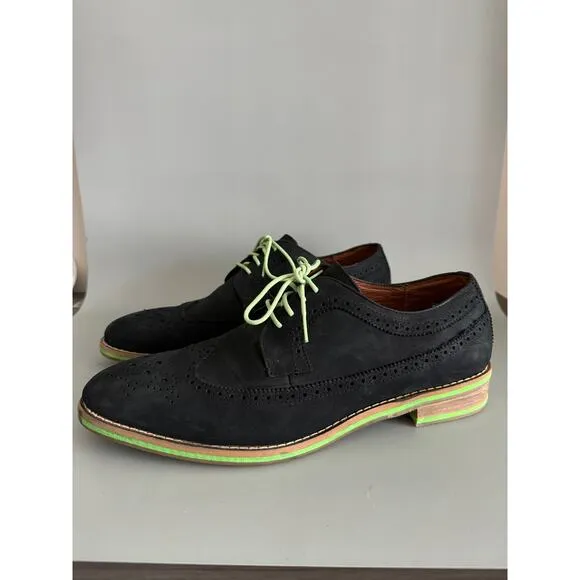 JD Fisk Dario Oxford Dress Shoes Black Suede Green Accents Size 12