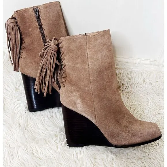 Jeffrey Campbell Suede Tassel Wedge Ankle Boot SZ 9.5 Brown
