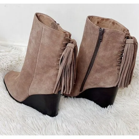 Jeffrey Campbell Suede Tassel Wedge Ankle Boot SZ 9.5 Brown