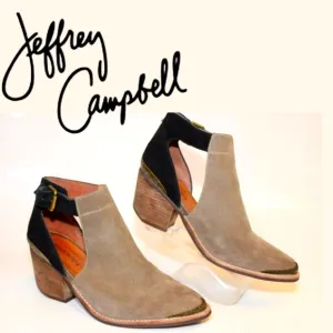 Jeffrey Campbell Woodruff Womens 6.5 Taupe/Black Suede Leather Cutout Booties