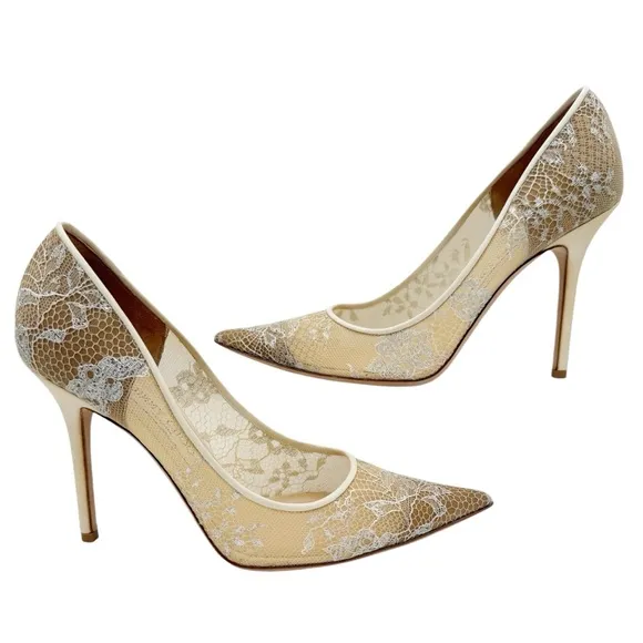 Jimmy Choo Abel Ivory White Lace Pointed Toe Pumps Wedding Bridal Heels EU 39