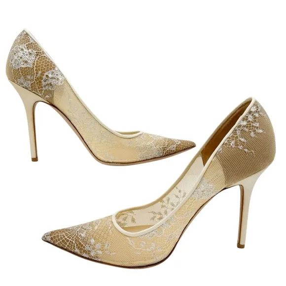 Jimmy Choo Abel Ivory White Lace Pointed Toe Pumps Wedding Bridal Heels EU 39