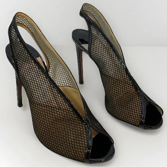 jimmy choo Ladies Shar 100 Shoes 39 Black Patent Mesh Heels Minimalist Capsule
