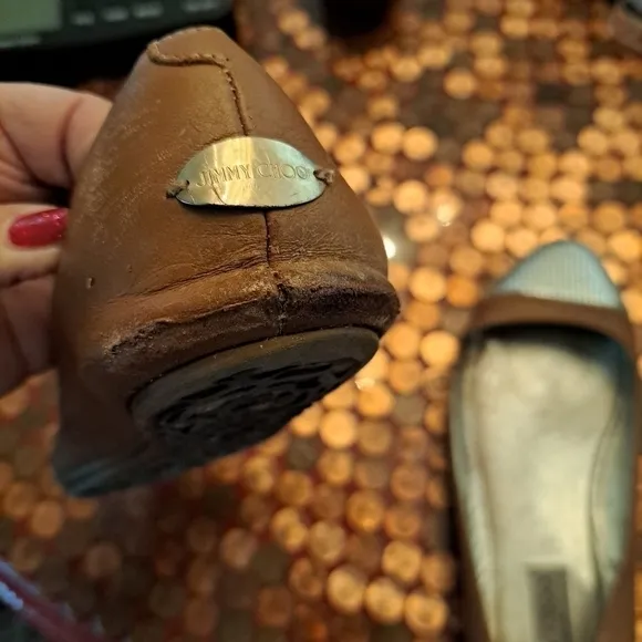 Jimmy choo waine slip on shoes 37 1/2 8 brown leather gold toes.