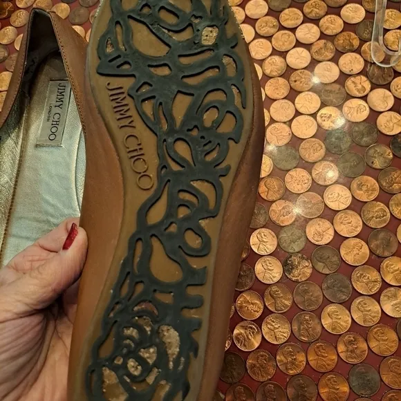 Jimmy choo waine slip on shoes 37 1/2 8 brown leather gold toes.