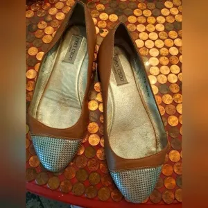 Jimmy choo waine slip on shoes 37 1/2 8 brown leather gold toes.