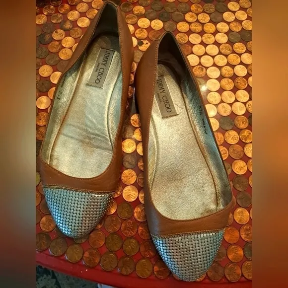 Jimmy choo waine slip on shoes 37 1/2 8 brown leather gold toes.