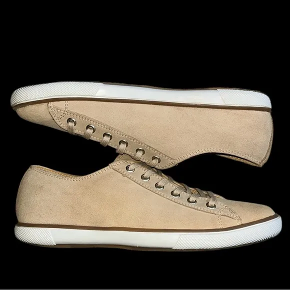 J.L. Powell Khaki Tan Suede Low Top Lace Up Shoes Sneakers Mens Sz 9 QuietLuxury