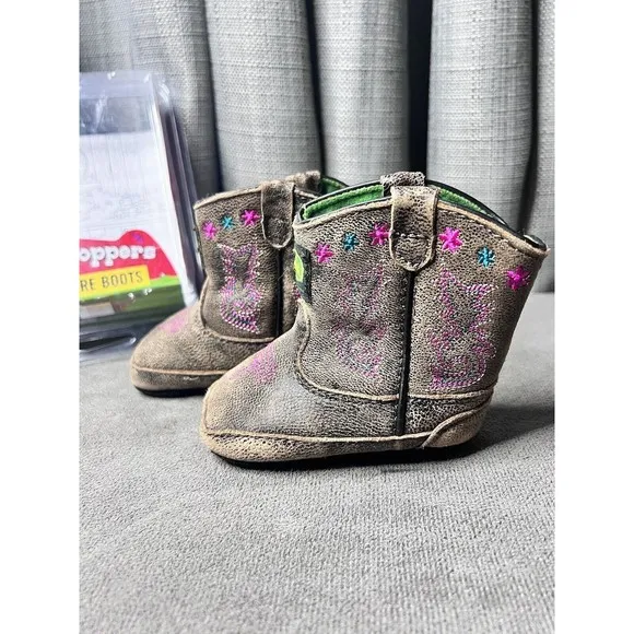 John Deere Infant Johnny Popper Boots Size 3M 6-9 months Stitching Brown Pink