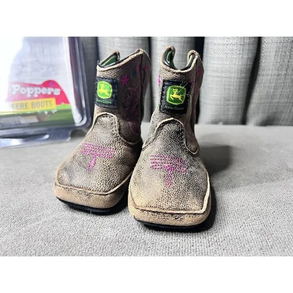 John Deere Infant Johnny Popper Boots Size 3M 6-9 months Stitching Brown Pink