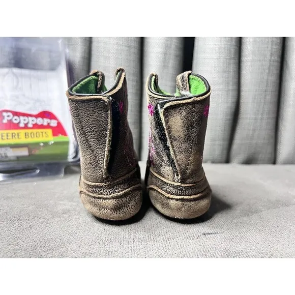 John Deere Infant Johnny Popper Boots Size 3M 6-9 months Stitching Brown Pink