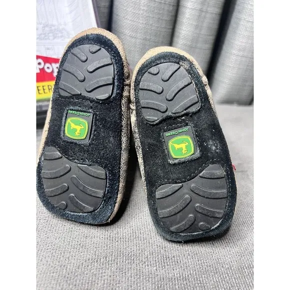 John Deere Infant Johnny Popper Boots Size 3M 6-9 months Stitching Brown Pink