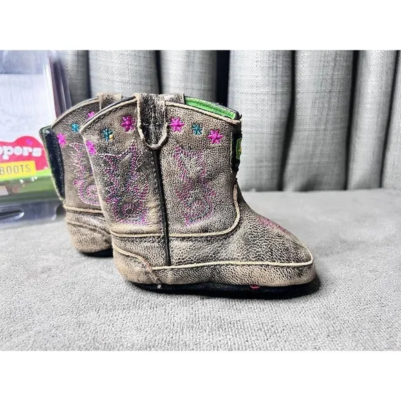 John Deere Infant Johnny Popper Boots Size 3M 6-9 months Stitching Brown Pink