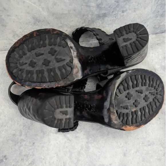 John Fluevog Hopscotch Tuggawar Strappy Heeled Leather Sandals in Black Size 7.5