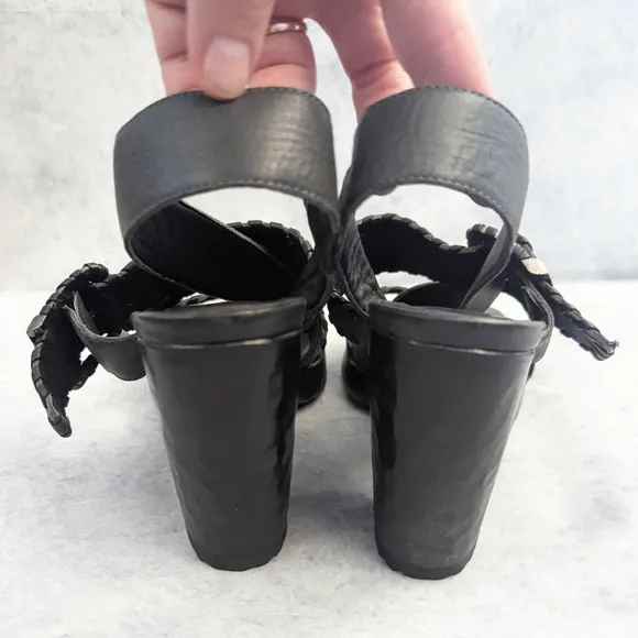 John Fluevog Hopscotch Tuggawar Strappy Heeled Leather Sandals in Black Size 7.5