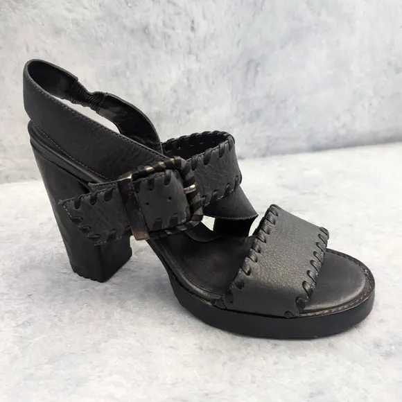 John Fluevog Hopscotch Tuggawar Strappy Heeled Leather Sandals in Black Size 7.5