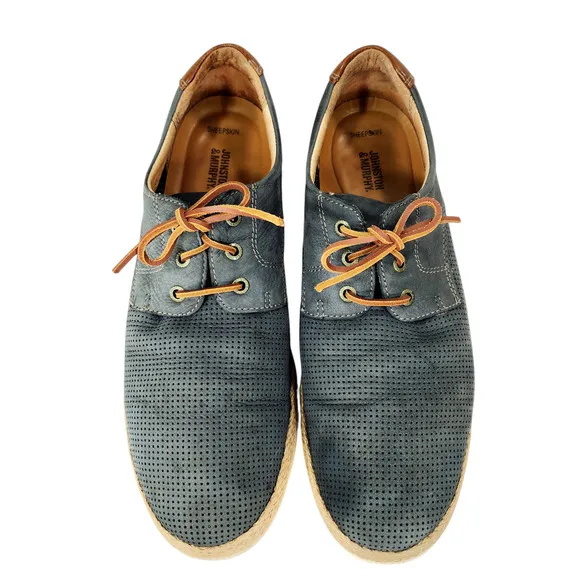 Johnston Murphy 11M Men Knit Saddle Shoe Espadrille Sheepskin Leather Blue Brown