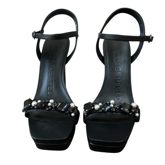 Karl Lagerfeld Paris Jala  Embellished Ankle Strap Black Sandals Sz10M