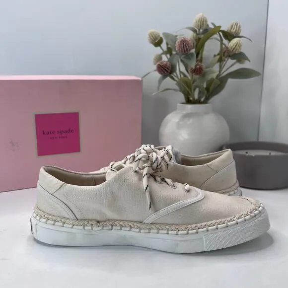 Kate Spade Boat Party Canvas Lace Up Shoes Parchment K3245 Women's 6.5 B NWB